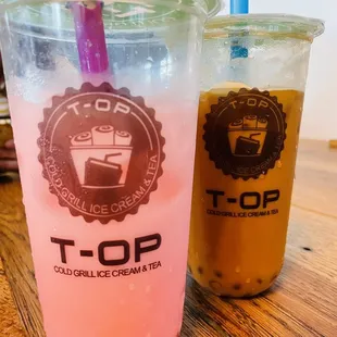 Strawberry Milk Tea with Strawberry popping boba  And Thai Milk Tea with mango popping boba