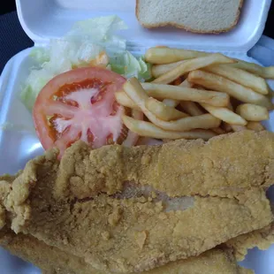 2 piece fish, terrible cold old fries &amp; salad