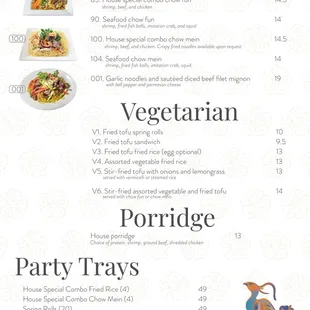 Menu (Stir-fry, vegetarian, porridge and party trays)