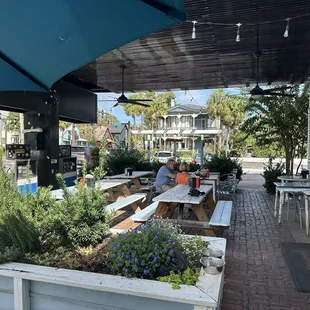 Outside seating around gas pumps