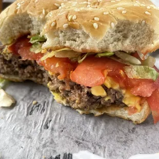 a hamburger and onion rings