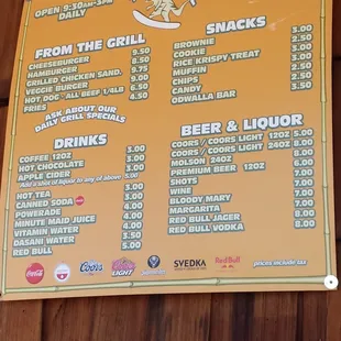 Food menu and other drinks.