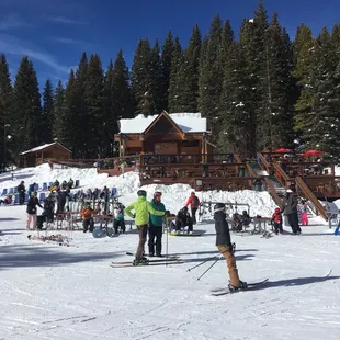 a group of skiers at a ski resort