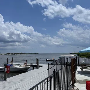 a view of a dock with boats