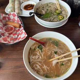 Eye round pho, combination pho, spring rolls, egg rolls.
