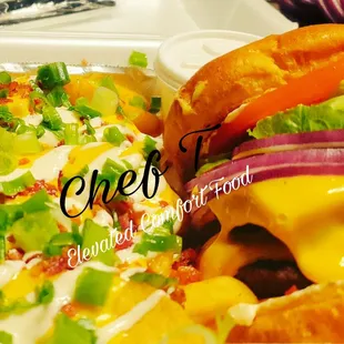 Street Eatz &quot;The 465&quot; Cheese Burger with everything on it loaded fries, your choice of wings, and dipping sauce.