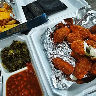 Greens, Beans, Jalapeno Bites n Chili Cheese Fries WOWED