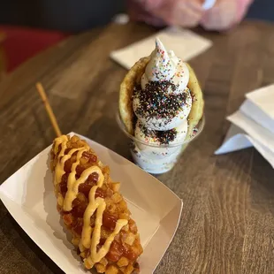 Potato cheese dog &amp; vanilla ice cream with ores crumbs and sprinkles