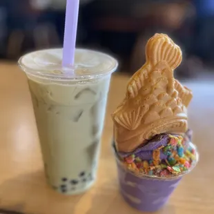 Honey dew  boba &amp; Ube Tayaki with fruity pebbles