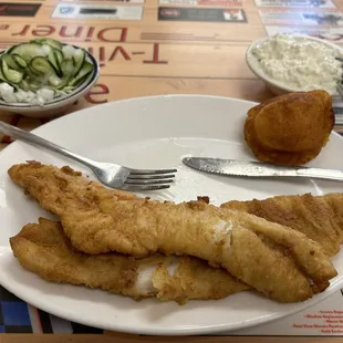 Build-your-own lunch/dinner plate special (selections change daily). Fried fish, cucumber salad, cottage cheese, and cornbread.