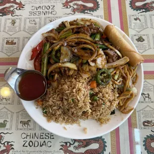Mongolian beef lunch special w/ half fried rice &amp; half chow mein (upgrade to half and half for $3)