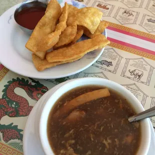 Complimentary: Hot and sour soup with fried wontons