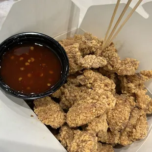 Basil Popcorn Chicken (missing the basil). with Sweet Chili Sauce (25 cent extra)