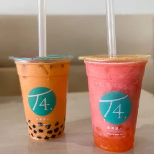 Thai Milk Tea w/ Boba &amp; Strawberry Lemonade Smoothie w/ Mango Bubbles