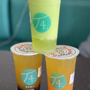 Green apple Lemonade w/lychee popping boba Mango Royal Tea w/strawberry popping boba &amp; Pineapple Mango Royal Tea w/boba