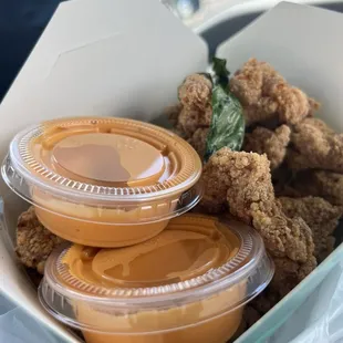 Dipping sauces with popcorn chicken