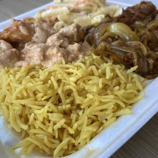 2 meat/2 sides: Stewed lamb, butter chicken, pasta salad &amp; rice