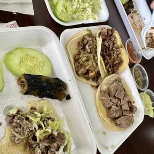 Lengua, Hazz and carne asada tacos.