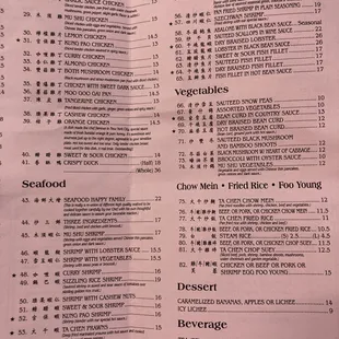 Seafood and veggies menu