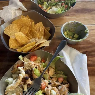 Burrito bowl with chicken, guacamole, burrito bowl with veg.