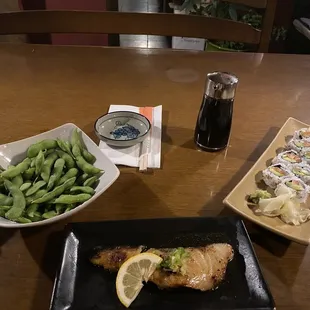 Grilled cod, edamame, and salmon avocado cucumber roll