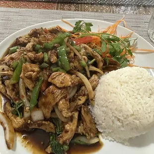 Pad ka Prow  Chicken stir fry in spicy sweet sauce. Highly recommend if you like something that&apos;s a little spicy