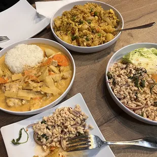 All the good stuff... larb, pineapple fried rice, mussaman curry (add bamboo)