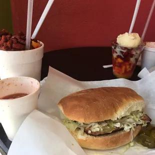 Torta ahogada (ham/ with sauce on the side), mangoyada raspado, and strawberry&amp;mango Macedonia.
