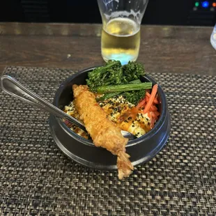 It is a shrimp tempura bowl! Beautiful and yummy!!!!