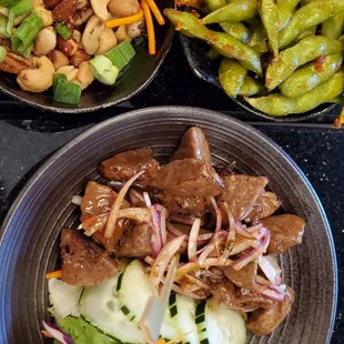 Thai mixed nuts, spicy edamame, Vietnamese meatballs