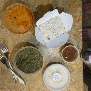 Saag paneer, chicken Tikka masala, mango chutney, basmati rice