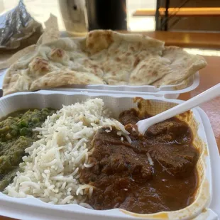 Lunch plate (16.50) with naan, rice, Baingan Bharta, Rogan Josh.