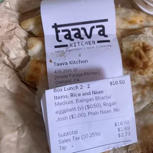 Receipt with large naan to go.