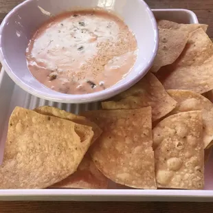 Chips &amp; Queso ($8). Dip had a little spice, but nothing major.