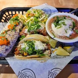 Elote, Pinto Beans, Tacos