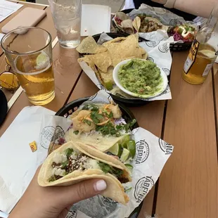 Chorizo taco, guac, Camarones (Crispy Shrimp), Al Pastor (Grilled Pork), pork belly tacos