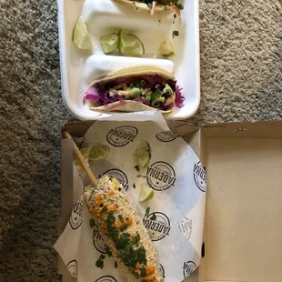 Elote, shrimp taco, pork belly taco