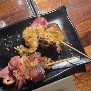 Dátil Pintxo (bacon wrapped date, thinly sliced duck, Spanish migas)