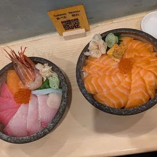 Left: katsurahama (salmon hotate ikura yellowtail tuna botan ebi shisho)  Right: ishigaki (salmon uni ikura shisho)