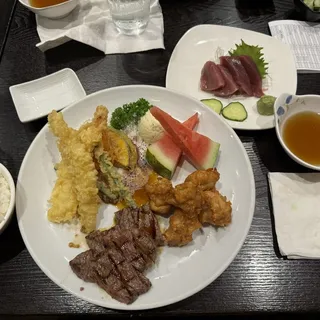 Beef Teriyaki, Tempura, and Sashimi