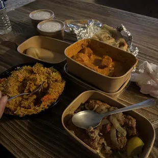 Chicken Biryani, beef kebab, veggie samosa, all bad