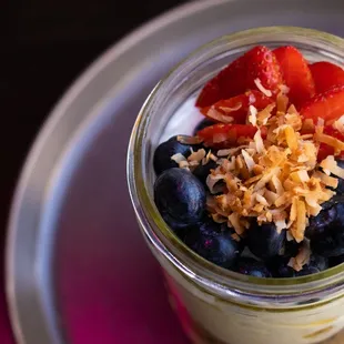 Yogurt Parfait  (GF) | greek yogurt, locally sourced honey, housemade granola, strawberries, blueberries, coconut