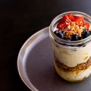 Yogurt Parfait  (GF) | greek yogurt, locally sourced honey, housemade granola, strawberries, blueberries, coconut