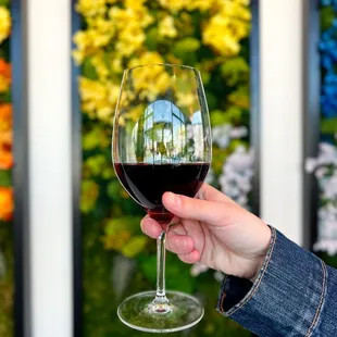 a hand holding a glass of red wine