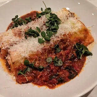 Delicious, tender short ribs were in a crepe-thin pasta sheet. It was topped with a spicy tomato sauce. The portion was huge.