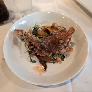 Seasonal softshell crab with mushrooms, potatoes, peapods, and carrots. Quite good.