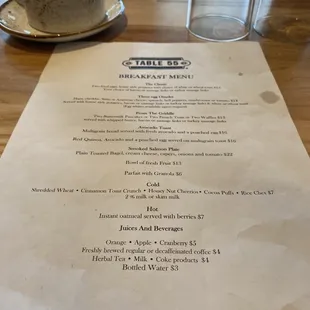 Breakfast menu