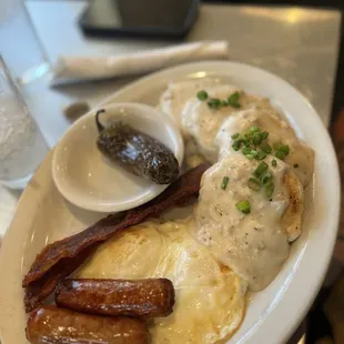 Biscuits and Gravy and fried jalapeño(grilled not fried)