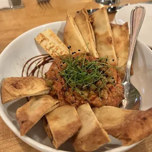 MUHAMMARA DIP Za&apos;atar Chickpeas, Pomegranate Molasses, Naan Chips