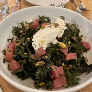 KALE SALAD Thyme Marinated Chioggia Beets, Herbed Goat Cheese, Nduja Vinaigrette, Toasted Pistachios